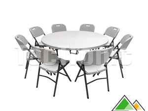 Table ronde pliable 150 cm avec 8 chaises